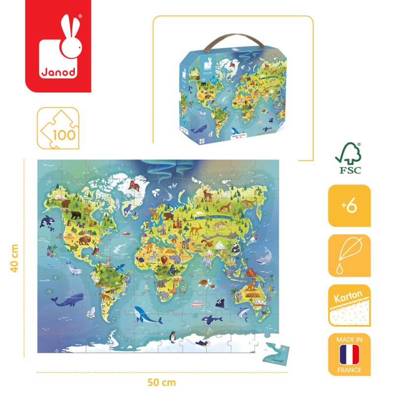 Puzzle w walizce Mapa świata 100 elementów 6+ Made in France Janod