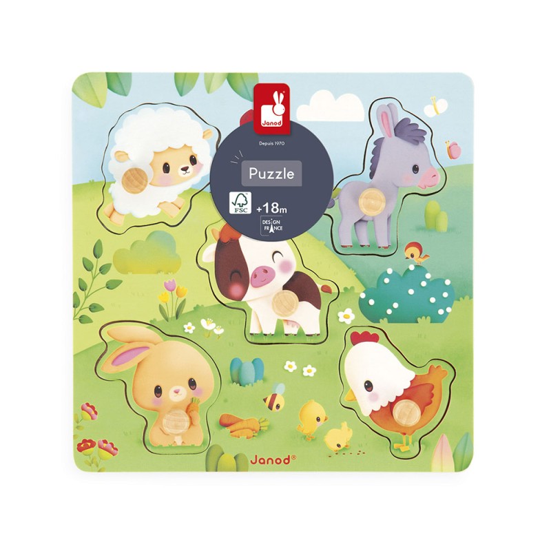 Puzzle sensoryczne drewniane 7 el. Farma 18m+ Janod