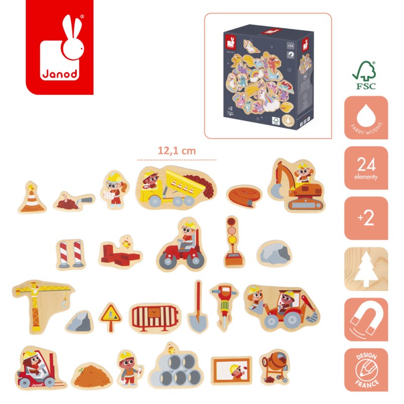 Magnesy drewniane Plac budowy 24 szt. 2+ Janod