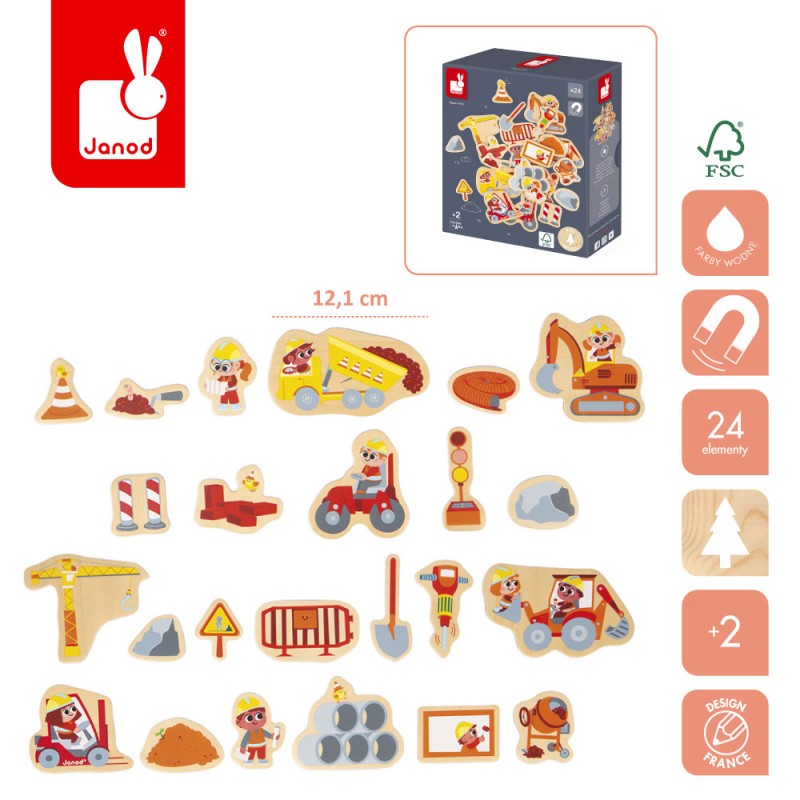 Magnesy drewniane Plac budowy 24 szt. 2+ Janod
