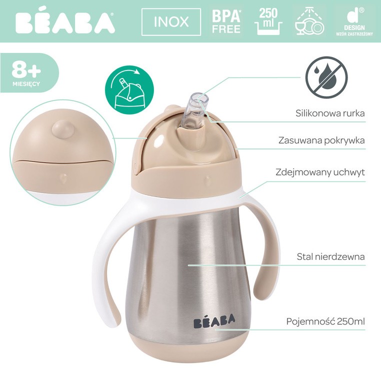 Bidon niekapek ze słomką termiczny 250 ml Clay Earth Beaba