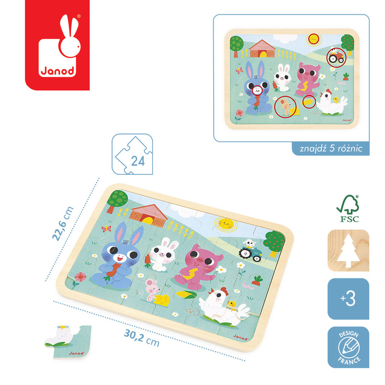Puzzle drewniane 24 el. Farma 3+ Janod