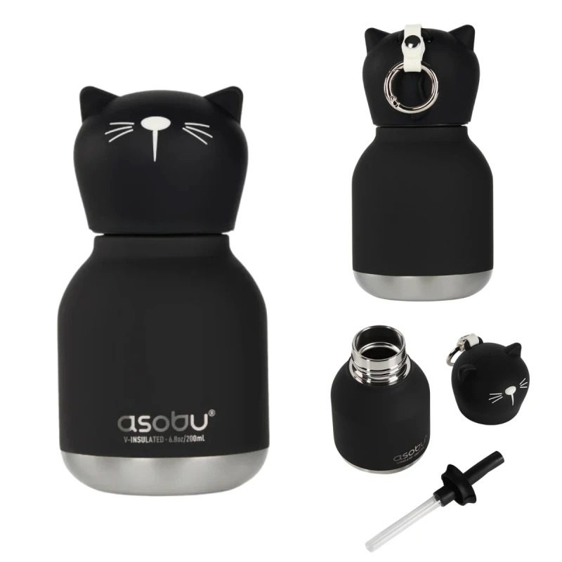 Butelka termiczna ze słomką Mini Bestie Czarny Kot 200 ml Asobu