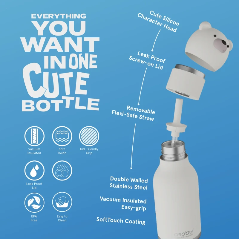 Butelka termiczna ze słomką Bestie Niedźwiedź  Polarny 460 ml Asobu