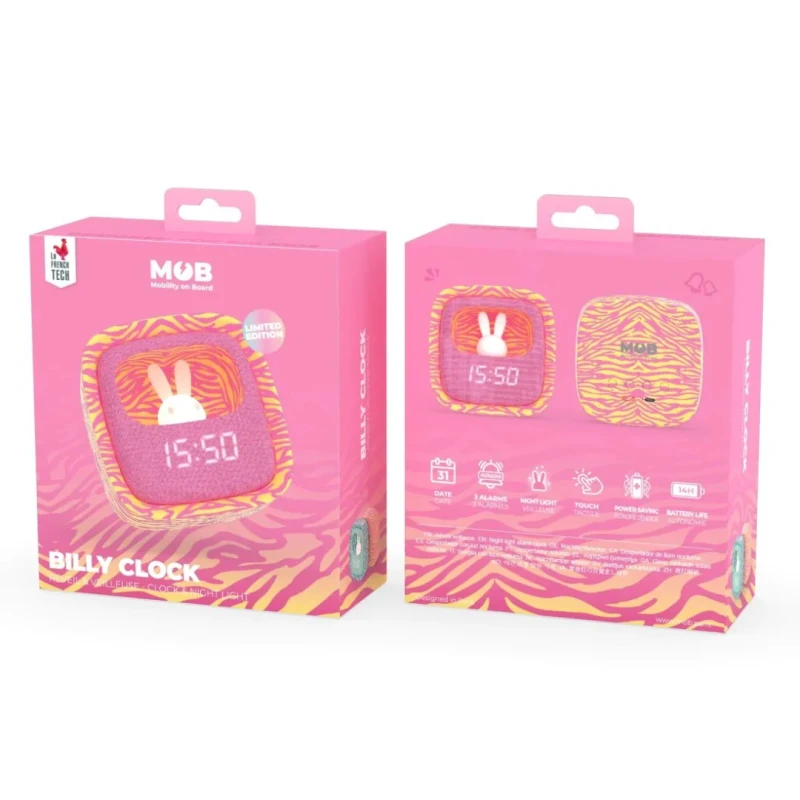 Budzik z lampką Billy MOB - różowa zebra - Mobility On Board