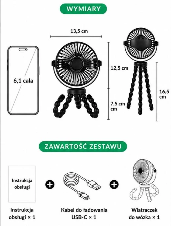 Bezprzewodowy wiatraczek 360 do wózka USB-C TB