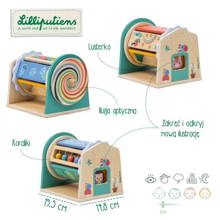 Zabawka aktywizująca wielofunkcyjna obrotowy walec spinner z lusterkiem Turnicolor 9m+ Lilliputiens