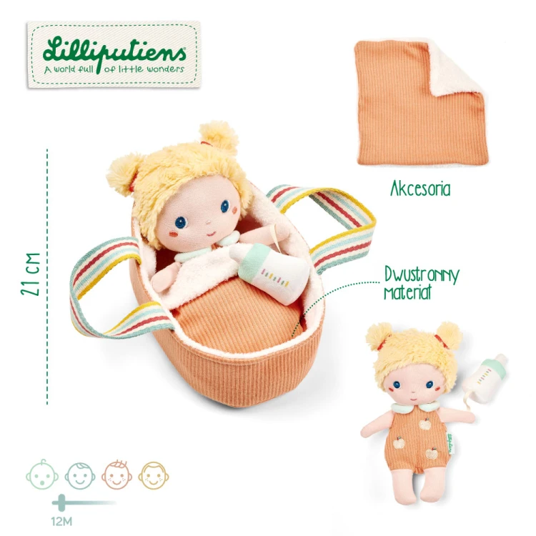 Lalka dzidziuś w koszyczku z butelką i kocykiem Mela 12 m+ Lilliputiens