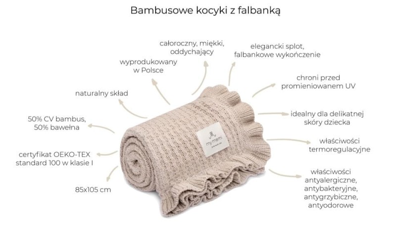 Kocyk bambusowy z falbanką beige 85x105 my memi