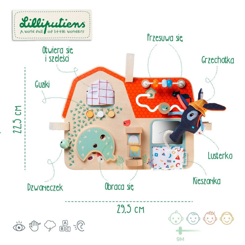 Drewniana tablica manipulacyjna Farma 9 m+ Lilliputiens