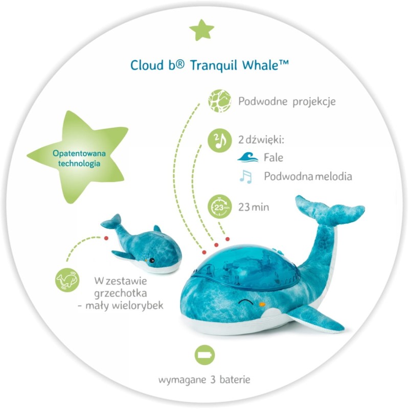 Lampka z projekcją świetlną i grzechotką Wieloryb niebieski Tranquil Whale Blue Family Cloud B