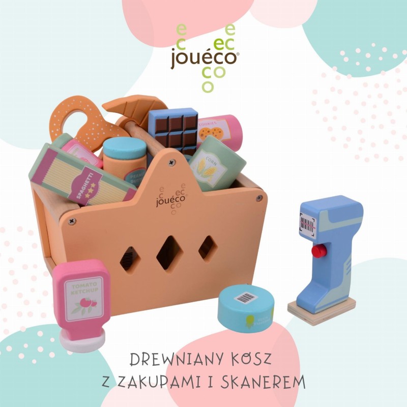 Drewniany kosz z zakupami i skanerem Joueco