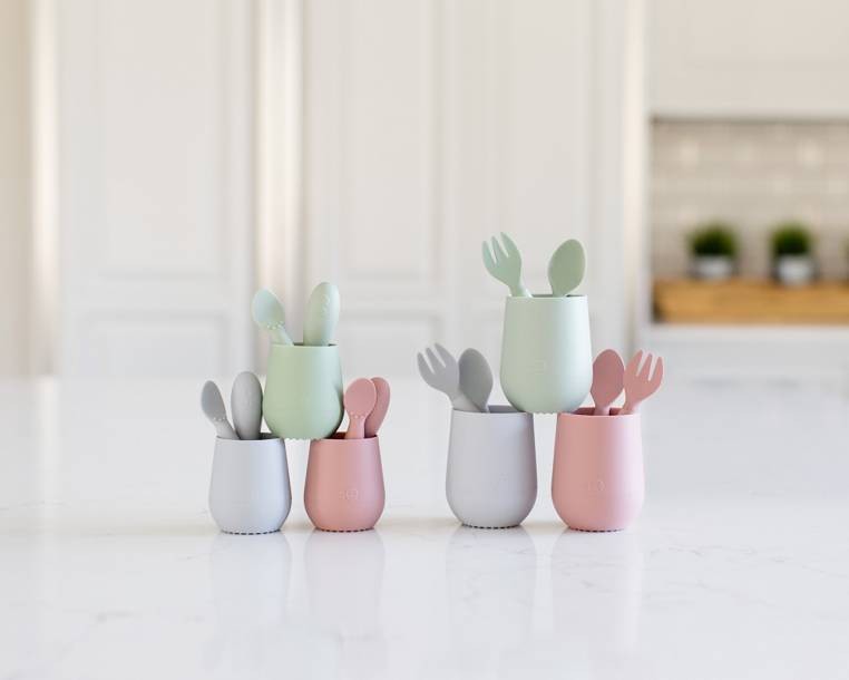 Komplet silikonowych sztućców Mini Utensils pastelowa szarość EZPZ