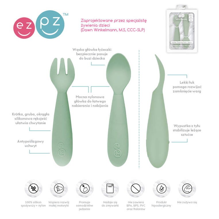 Komplet silikonowych sztućców Mini Utensils pastelowa zieleń EZPZ