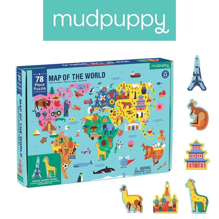 Puzzle Mapa Świata z elementami w kształcie budynków i zwierząt 5+ Mudpuppy