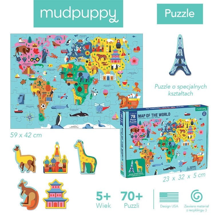 Puzzle Mapa Świata z elementami w kształcie budynków i zwierząt 5+ Mudpuppy