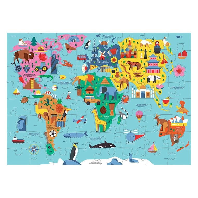 Puzzle Mapa Świata z elementami w kształcie budynków i zwierząt 5+ Mudpuppy