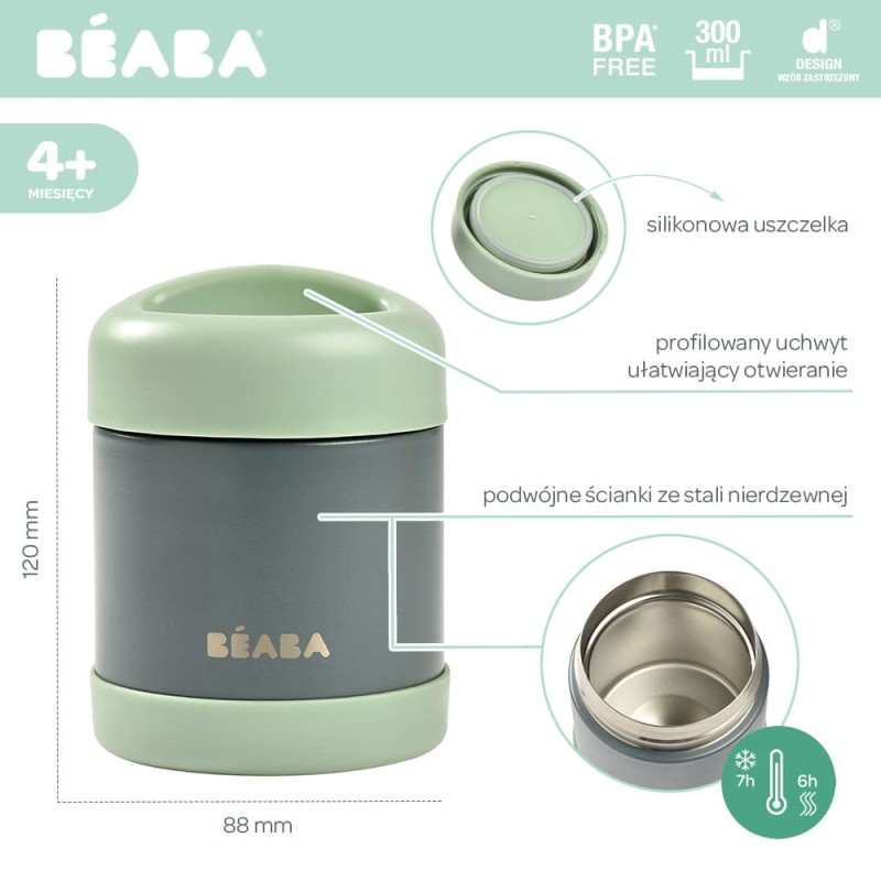 Pojemnik-termos obiadowy ze stali nierdzewnej z hermetycznym zamknięciem 300 ml Mineral grey/Sage green Beaba