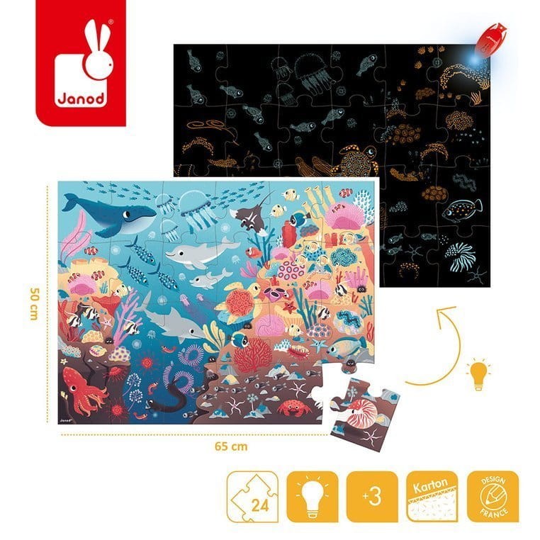 Świecące Puzzle z Mini-lampką UV Ocean 24 Elementy 3+ Janod