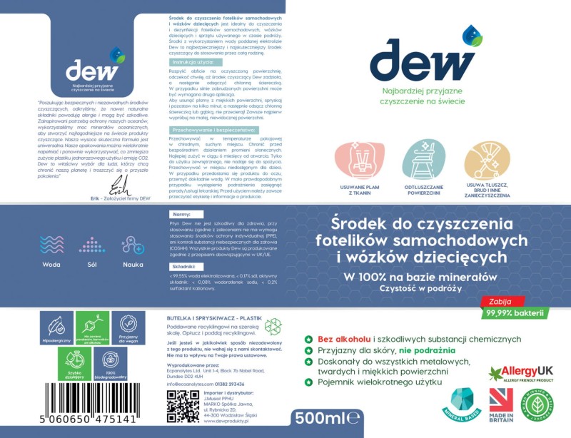 Środek do czyszczenia fotelików samochodowych i wózków 500ml dew