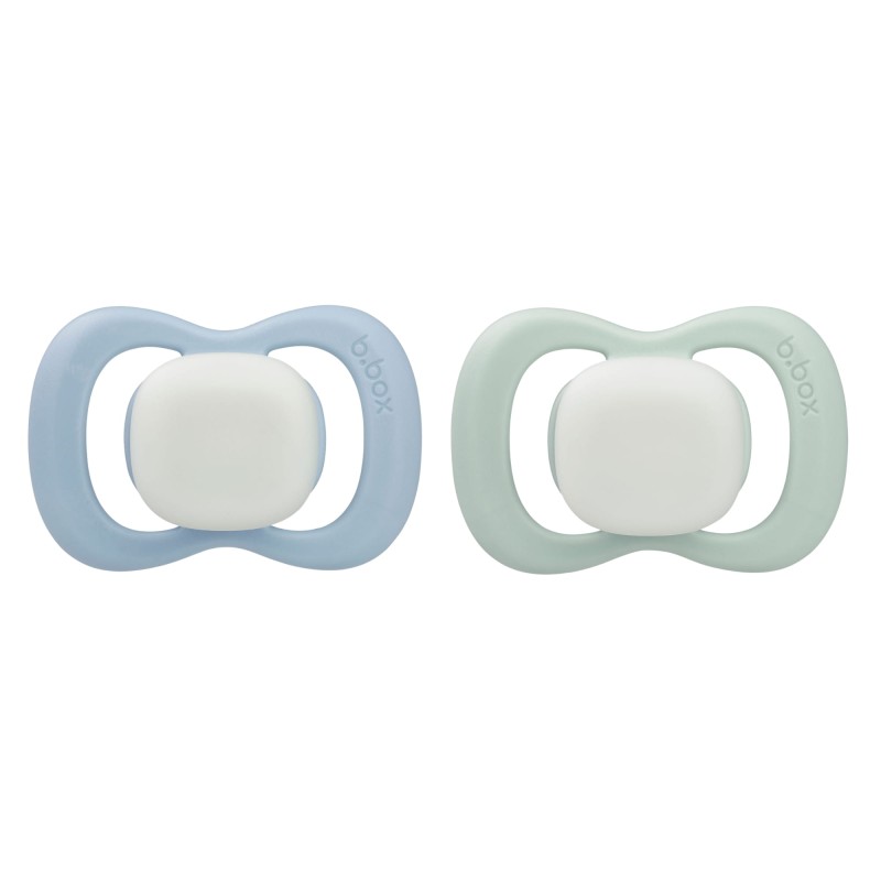 Smoczek symetryczny silikonowy 0-6m 2 szt. glow in the dark błękit/szałwia b.box