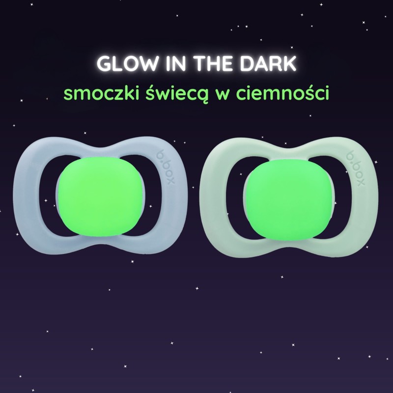 Smoczek symetryczny silikonowy 0-6m 2 szt. glow in the dark błękit/szałwia b.box