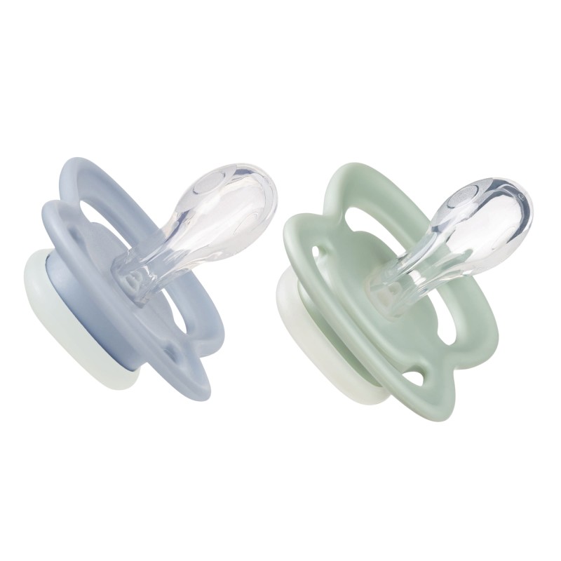 Smoczek symetryczny silikonowy 0-6m 2 szt. glow in the dark błękit/szałwia b.box