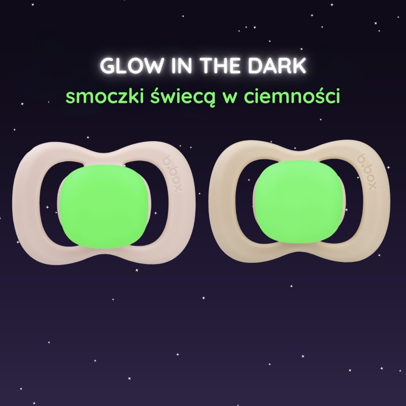 Smoczek symetryczny silikonowy 0-6m 2 szt. glow in the dark róż/latte b.box