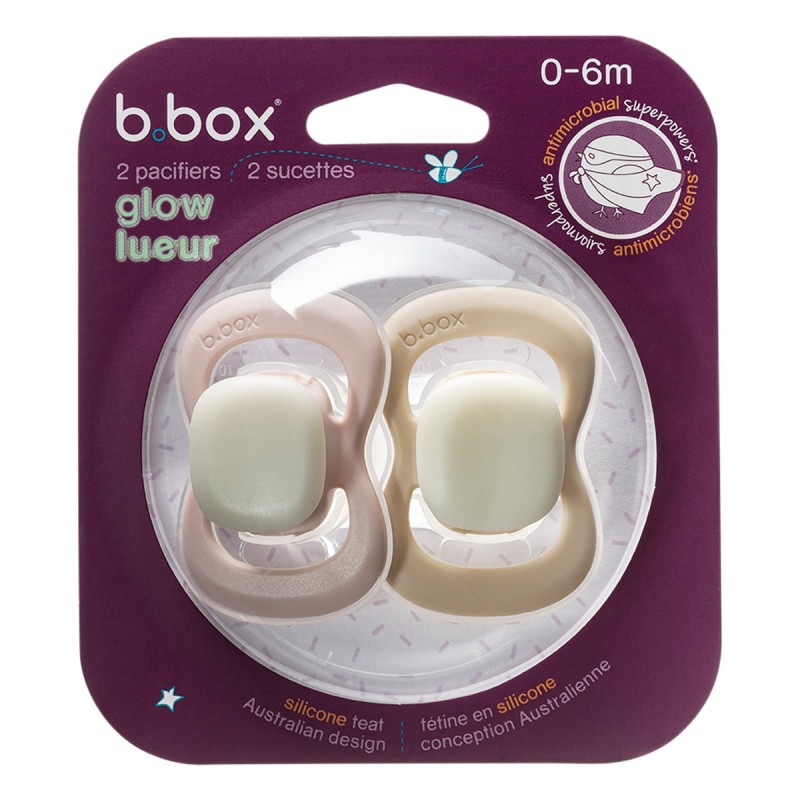 Smoczek symetryczny silikonowy 0-6m 2 szt. glow in the dark róż/latte b.box