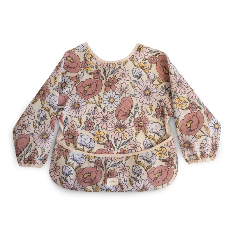 Wodoodporny śliniak z długim rękawem Retro Flowers Kwiatki Mushie