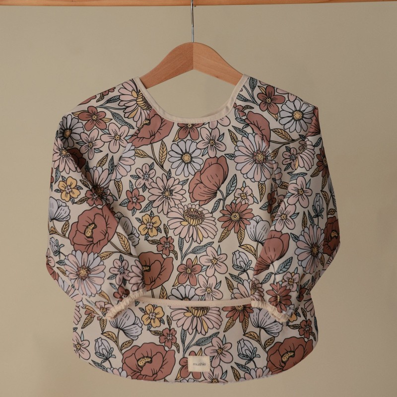 Wodoodporny śliniak z długim rękawem Retro Flowers Kwiatki Mushie