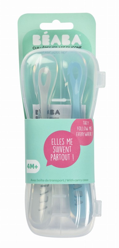 Zestaw 2 łyżeczek silikonowych w podróżnym etui 4 m+ Windy Blue Beaba