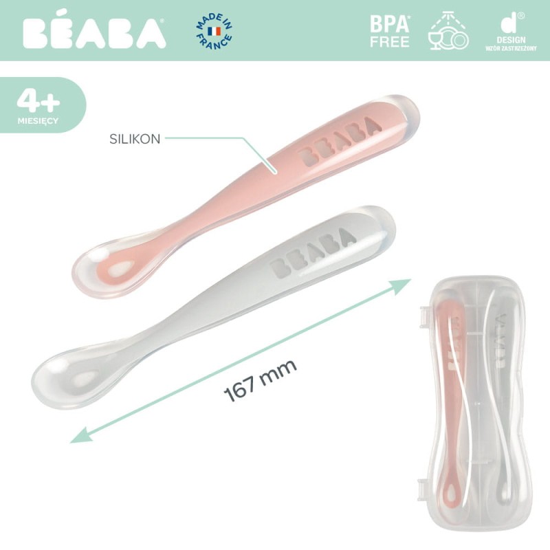 Zestaw 2 łyżeczek silikonowych w podróżnym etui 4 m+ Old Pink Beaba