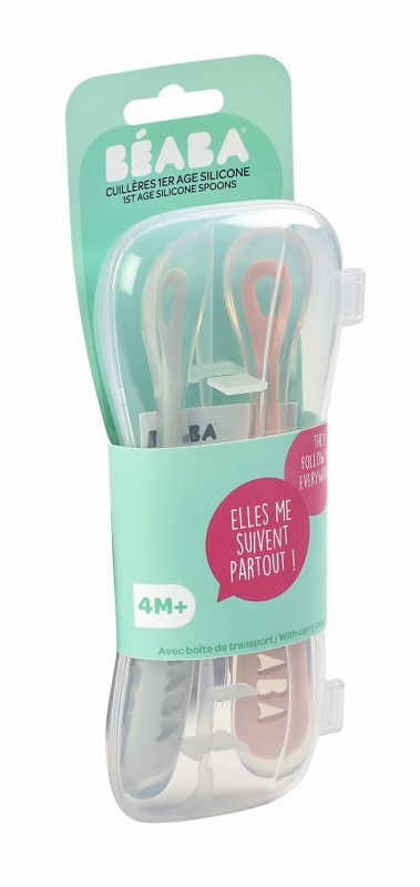Zestaw 2 łyżeczek silikonowych w podróżnym etui 4 m+ Old Pink Beaba