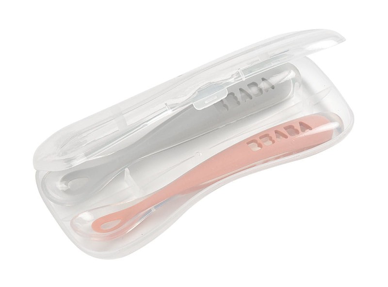 Zestaw 2 łyżeczek silikonowych w podróżnym etui 4 m+ Old Pink Beaba