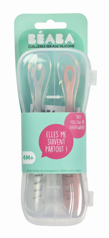 Zestaw 2 łyżeczek silikonowych w podróżnym etui 4 m+ Old Pink Beaba