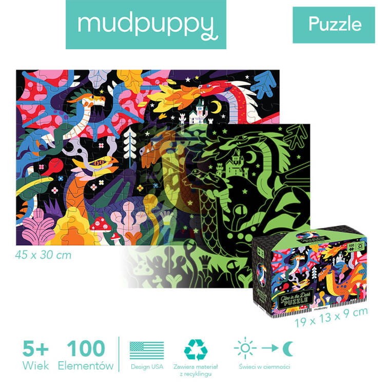 Puzzle świecące w ciemności Smoki 100 elementów 5+ Mudpuppy