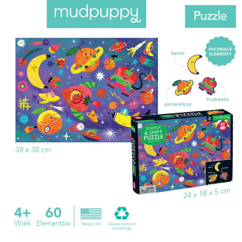 Puzzle sensoryczne z elementami zapachowymi Kosmiczne owoce 60 elementów 4+ Mudpuppy