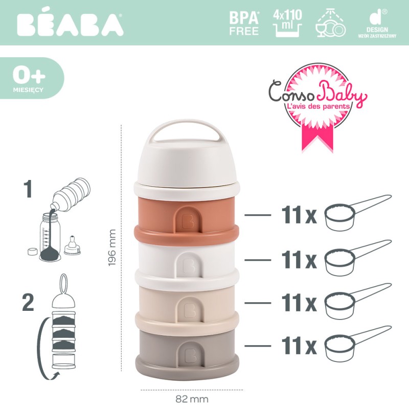 Pojemniki na mleko w proszku 4 komory cotton white/terracotta Beaba