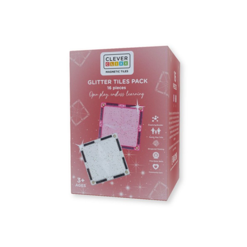 Klocki magnetyczne Glitter Tiles Pack Transparent / Pink - 16 el. Cleverclixx