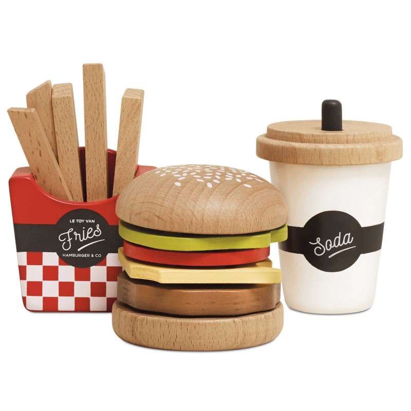 Drewniany zestaw 3w1 hamburger frytki napój zabawka dla dzieci Le Toy Van