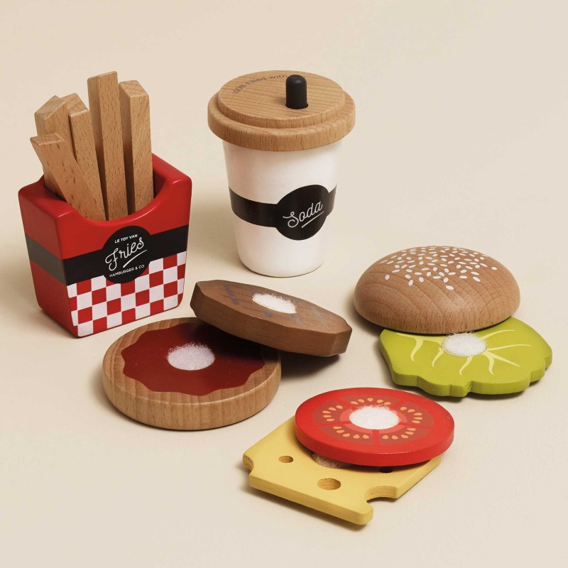 Drewniany zestaw 3w1 hamburger frytki napój zabawka dla dzieci Le Toy Van