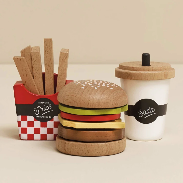 Drewniany zestaw 3w1 hamburger frytki napój, zabawka dla dzieci, Le Toy Van
