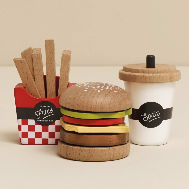 Drewniany zestaw 3w1 hamburger frytki napój zabawka dla dzieci Le Toy Van
