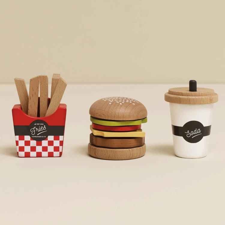 Drewniany zestaw 3w1 hamburger frytki napój, zabawka dla dzieci, Le Toy Van