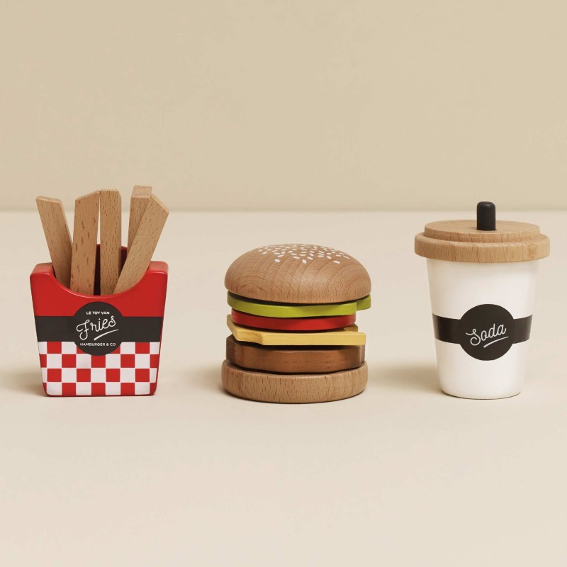 Drewniany zestaw 3w1 hamburger frytki napój zabawka dla dzieci Le Toy Van