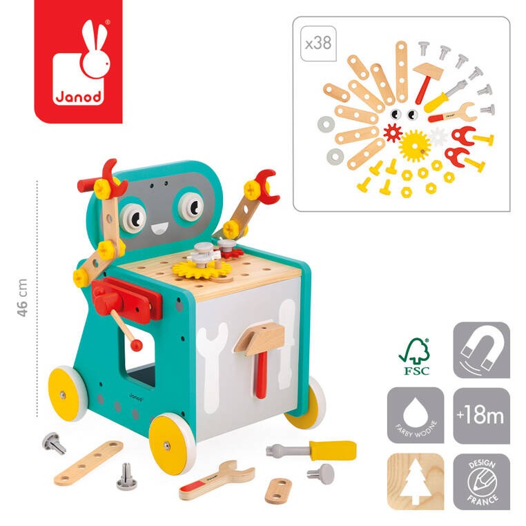 Wózek warsztat magnetyczny z narzędziami Robot Brico ‘Kids 18m+ Janod