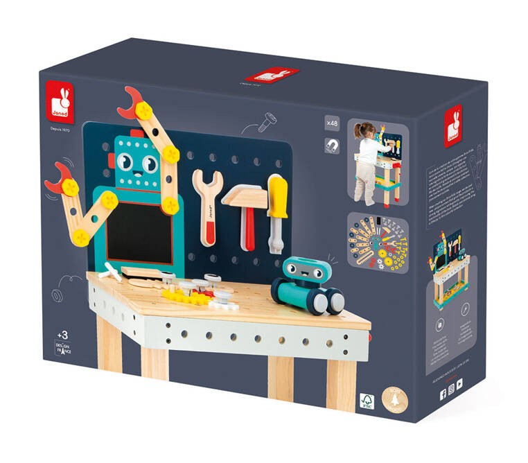 Duży stolik warsztat drewniany magnetyczny Robot Brico ‘Kids 3+ Janod