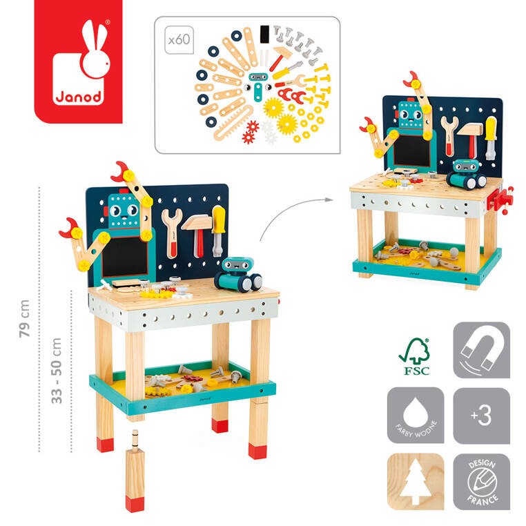 Duży stolik warsztat drewniany magnetyczny Robot Brico ‘Kids 3+ Janod