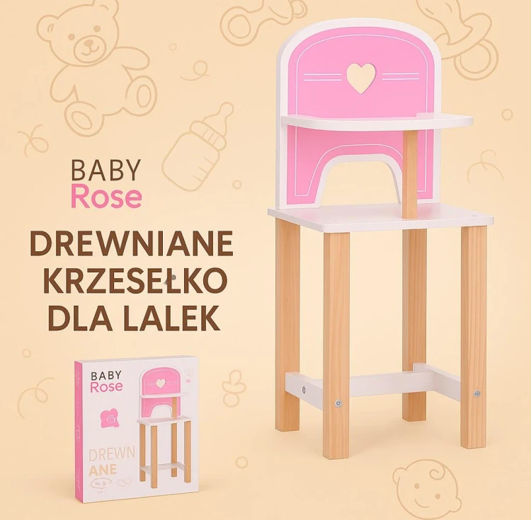 Drewniane krzesełko Baby Rose dla lalek 35-45 cm